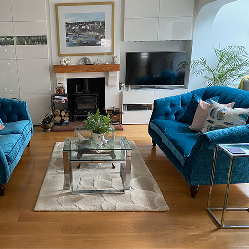 Abbotsbury 2 Seater Sofa in J Brown Modena Velvet Peacock  with Piping & Scatters in Petrol